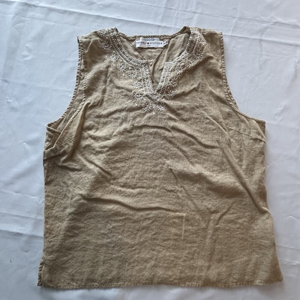 Tommy Hilfiger Women’s XL Sleeveless Tank Blouse Top Embroidered Beige White